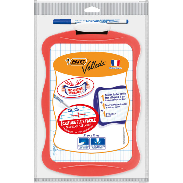 BIC Velleda Ardoise Effaçable à Sec Double Face : unie et Seyes (21 x 31 cm), kit avec feutre et Effacette - Couleurs Corail / B
