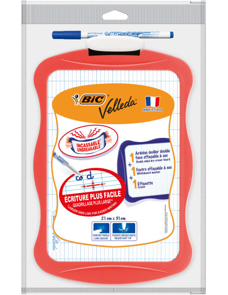 BIC Velleda Ardoise Effaçable à Sec Double Face : unie et Seyes (21 x 31 cm), kit avec feutre et Effacette - Couleurs Corail / B