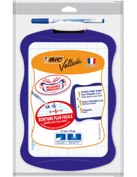 BIC Velleda Ardoise Effaçable à Sec Double Face : unie et Seyes (21 x 31 cm), kit avec feutre et Effacette - Couleurs Corail / B