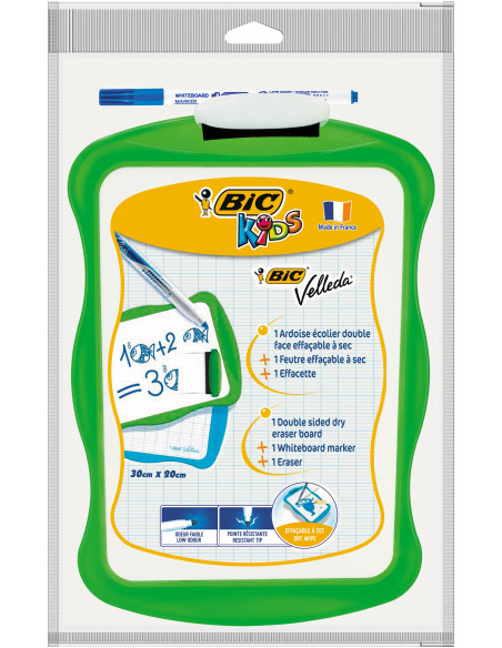 BIC Velleda Ardoise Effaçable à Sec Double Face : unie et Seyes (21 x 31 cm), kit avec feutre et Effacette - Couleurs Corail / B