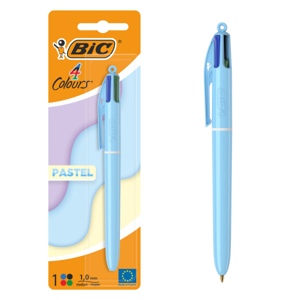 BIC 4 Couleurs Pastel Stylos-Bille Pointe Moyenne, Couleurs Assorties Aléatoires, Pack de 1