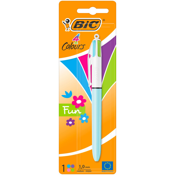 BIC 4 Couleurs Fun Stylos-Bille Rétractables Pointe Moyenne, Couleurs Fantaisies Mauve ou Turquoise, Blister de 1 2
