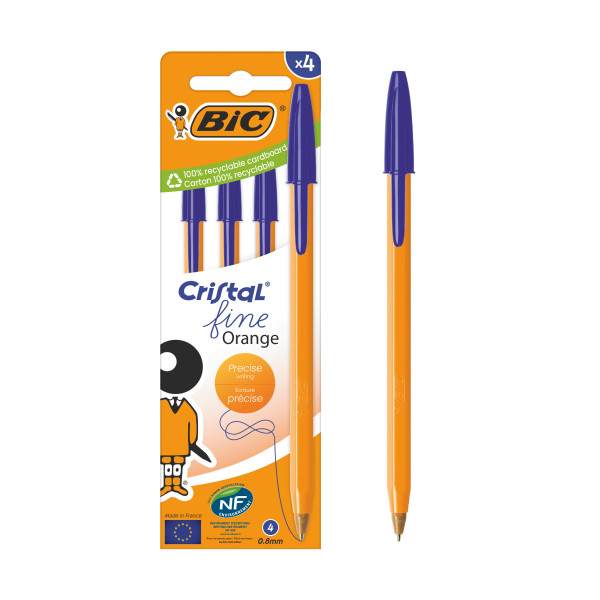 BIC Cristal Orange Original Fine Stylos-Bille Pointe Fine, Couleur Bleue, Lot de 4 2