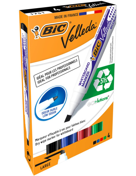 BIC Velleda 1751 ECOlutions Feutres pour Tableau Blanc Effaçables à Sec à Pointe Moyenne Biseautée - Couleurs Assorties, Pack de