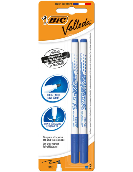 BIC Velleda 1721 Feutres pour Tableau Blanc Effaçables à Sec Pointe Conique Fine, Bleu, Blister de 2