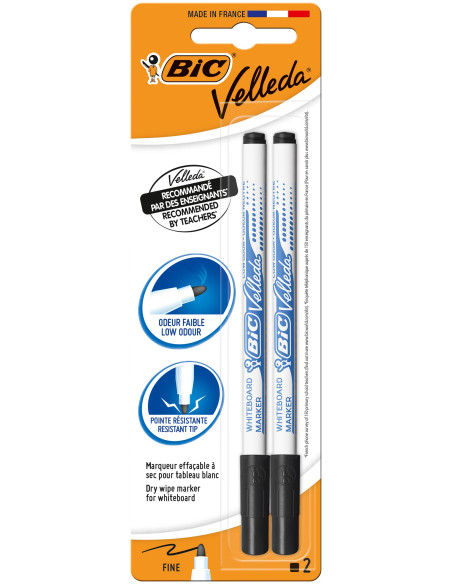 BIC Velleda 1721 Feutres pour Tableau Blanc Effaçables à Sec Pointe Conique Fine, Couleur Noir, Blister de 2
