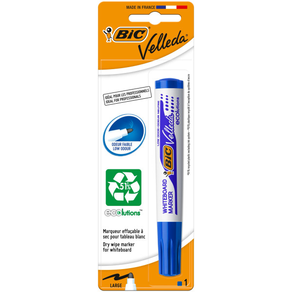 BIC Velleda 1701 ECOlutions Feutre pour Tableau Blanc Effaçable à Sec à Pointe Conique Moyenne, Bleu, Blister de 1