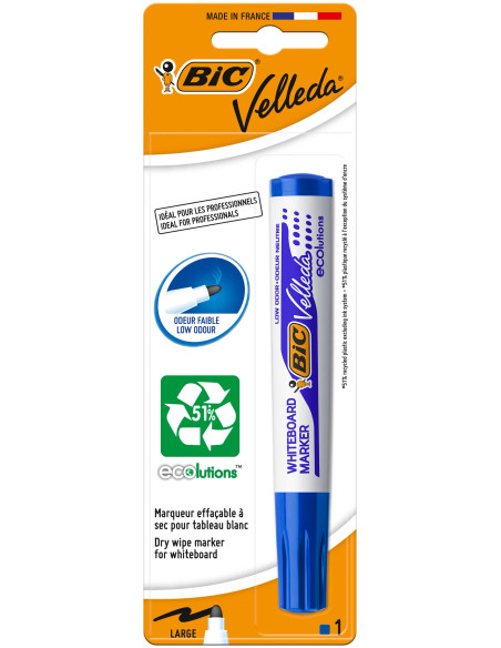 BIC Velleda 1701 ECOlutions Feutre pour Tableau Blanc Effaçable à Sec à Pointe Conique Moyenne, Bleu, Blister de 1
