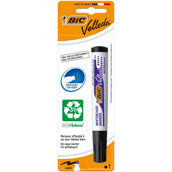 BIC Velleda 1701 ECOlutions Feutre pour Tableau Blanc Effaçable à Sec à Pointe Conique Moyenne, Noir, Blister de 1