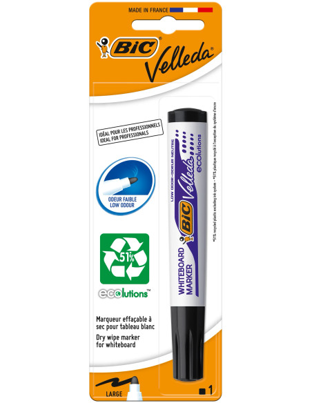 BIC Velleda 1701 ECOlutions Feutre pour Tableau Blanc Effaçable à Sec à Pointe Conique Moyenne, Noir, Blister de 1