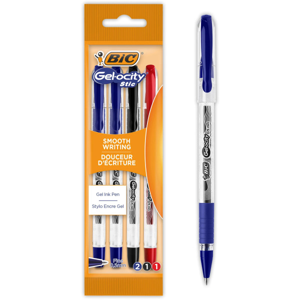 BIC Gel-ocity Stic Stylos Gel Pointe Fine (0,5 mm) - Couleurs Assorties, Pochette de 4