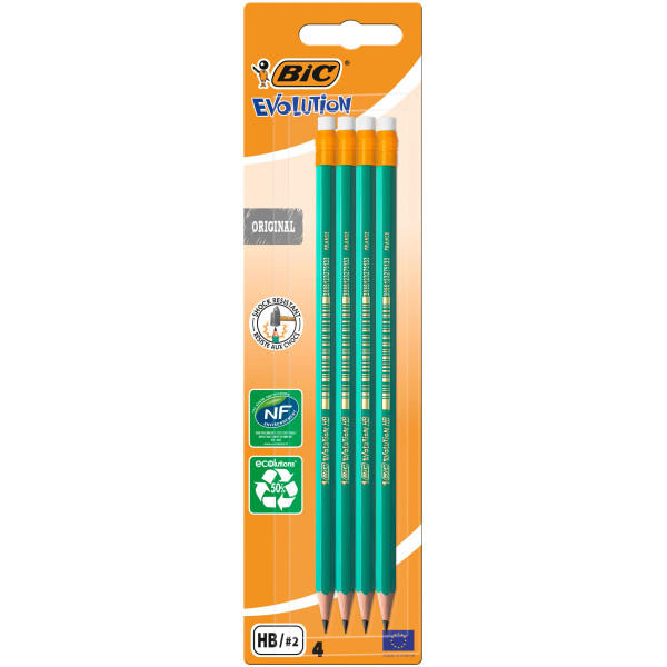 BIC Evolution Original Crayons à Papier avec Gomme Intégrée - HB, Blister de 4