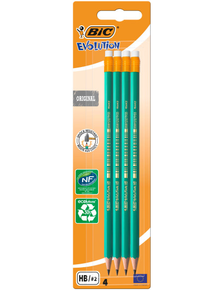 BIC Evolution Original Crayons à Papier avec Gomme Intégrée - HB, Blister de 4