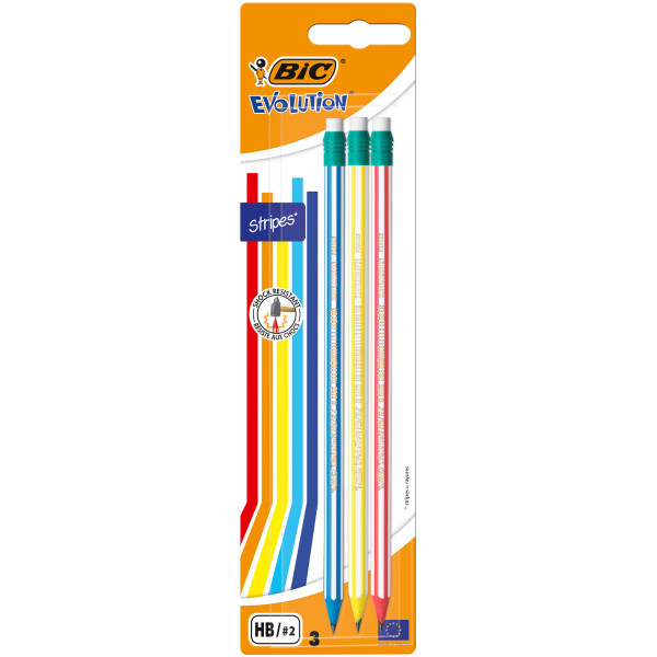 BIC Evolution Stripes Crayons à Papier HB avec Gomme Intégrée, Blister de 3