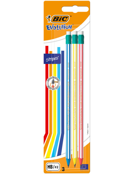 BIC Evolution Stripes Crayons à Papier HB avec Gomme Intégrée, Blister de 3