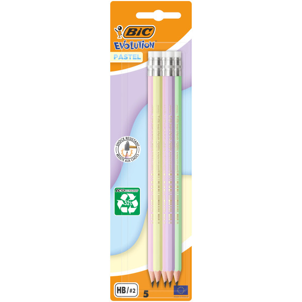 BIC Evolution Pastel Crayons graphite avec bout gomme et mine HB résistante - Corps disponible en 4 couleurs - Lot de 5