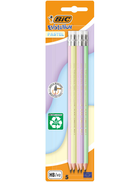 BIC Evolution Pastel Crayons graphite avec bout gomme et mine HB résistante - Corps disponible en 4 couleurs - Lot de 5
