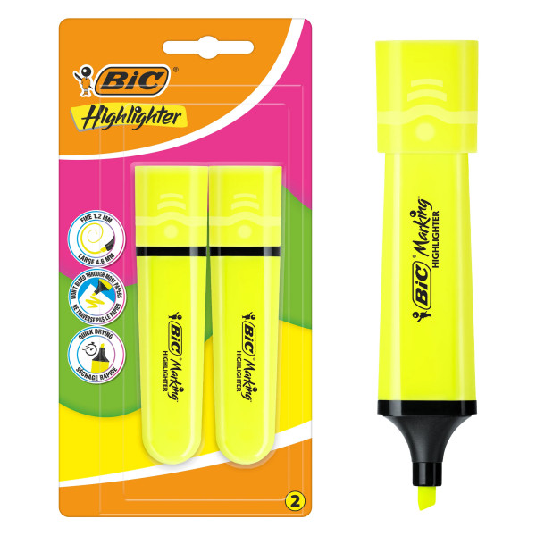 BIC Surligneur Marking Flat avec Pointe Biseautée Modulable, Jaune Fluo, Pack de 2