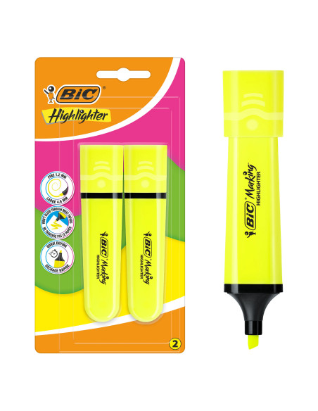 BIC Surligneur Marking Flat avec Pointe Biseautée Modulable, Jaune Fluo, Pack de 2