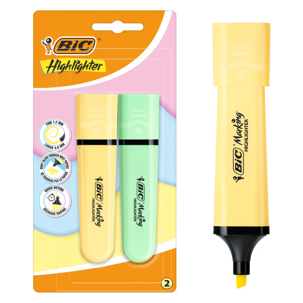 BIC Surligneur Marking Flat Pointe Biseautée Modulable, Jaune et Vert Fluo, Pack de 2