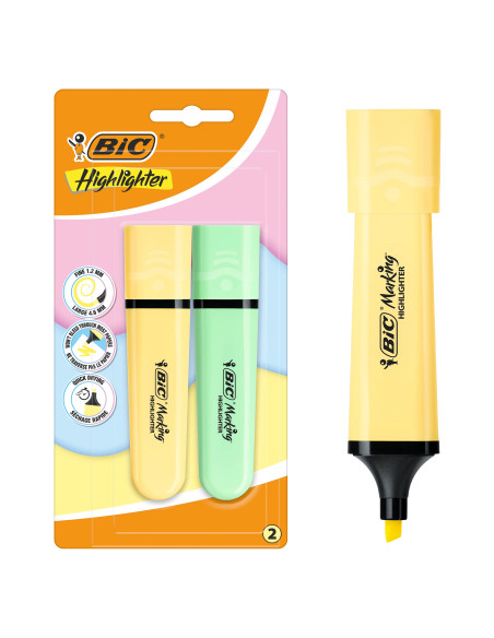 BIC Surligneur Marking Flat Pointe Biseautée Modulable, Jaune et Vert Fluo, Pack de 2