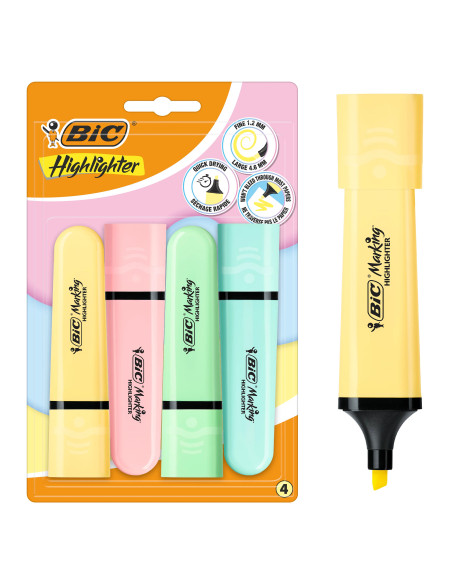 BIC Surligneur Marking Flat avec Pointe Biseautée Modulable, Assortiment de Couleurs Pastel, Pack de 4