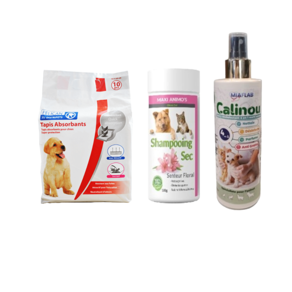 Tapis Absorbant & Spray Calinou & Shampoing Sec 180g Chien