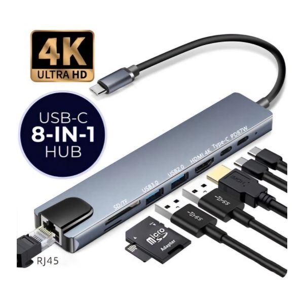 محول 8 في 1 من نوع C - USB-C إلى HD TV + SD/TF + USB 3.0...